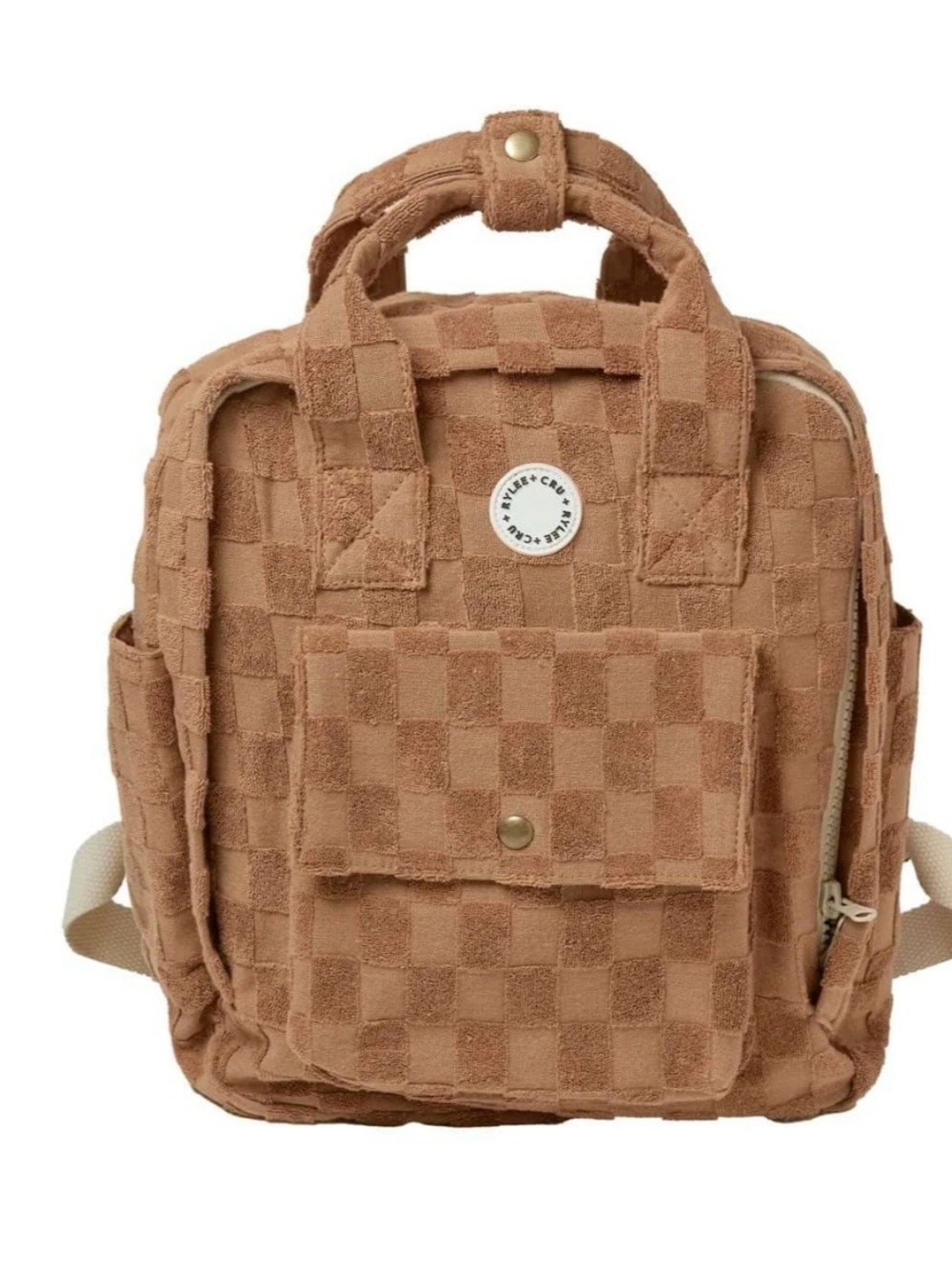 Rylee + Cru Tan Checkered Plush Mini Backpack Tote - Picture 1 of 9